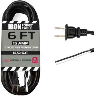 Iron Forge Cable 15 Amp Power Cord Replacement Two Prong Polarized Plug with Open End - 6 ft Black Extension Cable, 14 Gauge - 2 Wire 14/2 SJT