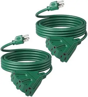 DEWENWILS 10 FT Outdoor Tri-Tap Extension Cord Splitter for Halloween, Weatherproof 16/3 SJTW Power Cable for Holiday Decoration and Outdoor Landscaping String Lights, ETL Listed, Pack of 2, Green