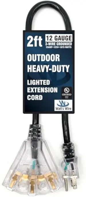 2 ft Outdoor Extension Cord Waterproof - 12 Gauge Heavy Duty Extension Cord Splitter - Lighted Outdoor Extension Cords with Multiple Outlets - Watts Wire - 2' Grounded - extensiones electricas