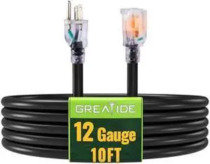 Outdoor Extension Cord with Lighted End, 12 Gauge Heavy Duty 10 FT, 3 Prong Grounded 15 Amp, 12/3 SJTW Waterproof Power Cord for Appliances, UL Listed, Black