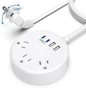 NTONPOWER 2 Prong Power Strip with USB-C, 1875W/15A, 180° Rotating Plug, Two Prong Power Strip, 2 Prong to 3 Prong Outlet Adapter, 3 Outlets 4 USB, Extension Cord 5 feet, Ideal for Old House