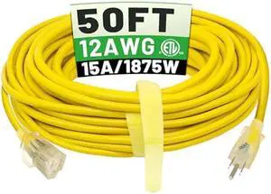 POWGRN 50 ft 12/3 Outdoor Extension Cord Waterproof Heavy Duty with Lighted Indicator End 12 Gauge 3 Prong, Flexible Cold-Resistant Long Power Cord Outside, 15Amp 1875W SJTW Yellow ETL Listed