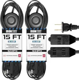 Iron Forge Cable 2 Pack 15 ft 3 Outlet Black Extension Cord with Foot Switch - 16/2 SJTW 2 Prong Indoor Extension Cord with Multiple Outlets