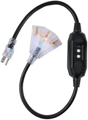 3 Ft GFCI Lighted Black Appliance Extension Cord with 3 Power Outlets, 15 Amp 12/3 SJTW Heavy Duty Pigtail Extension Cable with 3 Prong Grounded Plug for Safety, UL Listed