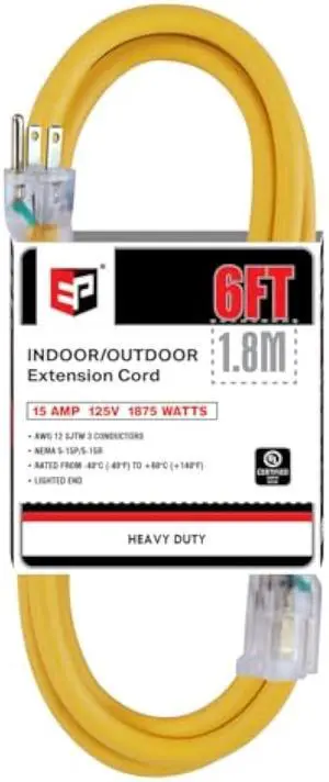 EP 6 ft Lighted Outdoor Extension Cord - 12/3 SJTW Heavy Duty Yellow Extension Cable with 3 Prong Grounded Plug - 15AMP Power Cord for Lawn, Garden, Appliances