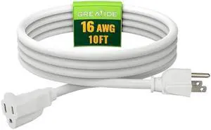 Indoor Outdoor Extension Cord 10 FT, 16/3 SJTW Weatherproof White Electrical Cords, 13 AMP Heavy Duty 3 Prong Power Cable Great for Garden, Landscaping & Holiday Decorations