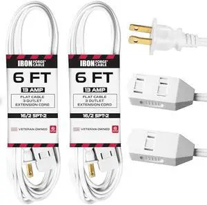 Iron Forge Cable 2 Pack 6 ft White Extension Cord with 3 Outlets - 16/2 SJTW 2 Prong Indoor Extension Cord with Multiple Outlets