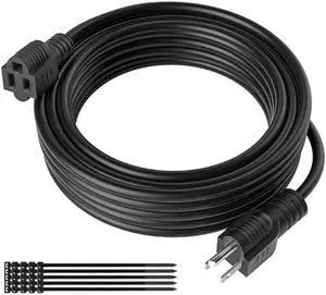 Extension Cord 12 FT, 3 Prong Extension Power Cord, 16/3 Gauge Flexible Cold, 13A 1625W 16AWG, 3 Prong Electric Cord, ETL, Black Cable with 25 Cable Ties
