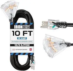 Iron Forge Cable 12 Gauge Extension Cord with Multiple Outlets - Black Heavy Duty Extension Cord 10 ft - 12/3 SJTOW, 3 Prong Lighted Outlet Cords