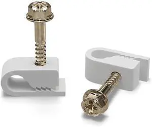 THE CIMPLE CO - Single Coaxial Cable Clips, Cat6, Electrical Wire Cable Clip, 1/4 in (6 mm) Screw Clip and Fastener, White (50 Pieces per Bag)