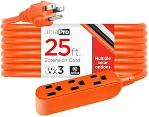 UltraPro 25 Ft Indoor Extension Cord 3 Outlet Extension Cords Outlet Power Strip Short Extension Cord with Multiple Outlets Grounded Heavy Duty Extension Cord 16 Gauge UL Listed Orange 51924