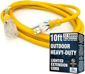 10 ft Outdoor Extension Cord Waterproof - 12 Gauge Heavy Duty Extension Cord - Lighted Outdoor Extension Cords - Watts Wire - 10' Grounded - extensiones electricas