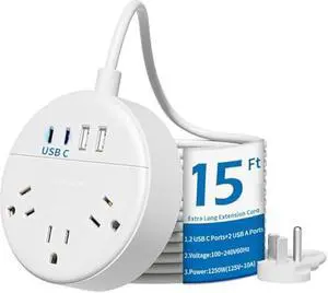 15 FT Extension Cord, NTONPOWER Flat Plug Power Strip with 4 USB Ports(2 USB C), Long Extension Cord with Multiple outlets, for Home Office, Indoor, Living Room, Travel, White
