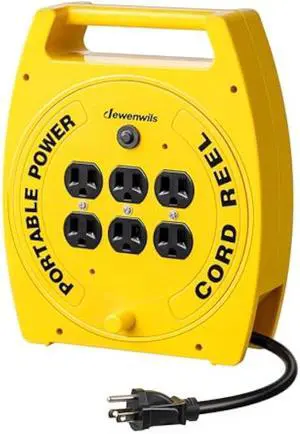 DEWENWILS 6 Outlets Extension Cord Reel, 30FT SJTW 16/3C Power Cord, Hand Wind Retractable, Overload Protection, 13 Amp Circuit Breaker, Yellow, Black, UL Listed