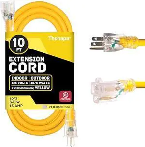 10 Gauge Extension Cord 10 ft, Weatherproof Heavy Duty Outdoor Extension Cord Ten AWG, SJTW 3 Prong Lighted Plug 10/3 Yellow Cable 15 Amp, Great for Major Appliances & Garden Tools
