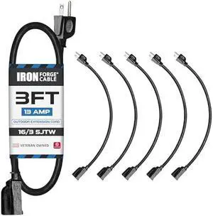 Iron Forge Cable 5 Pack 3 Ft Black Extension Cord, 16/3, 3 Foot Short Extension Cord, 3 Prong, Weatherproof - Great for Outside Use