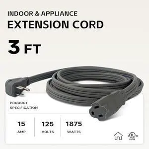 Heavy Duty Appliance Extension Cord 3 ft - 14 Gauge 3 Prong Flat Plug Extension Cord, 15 Amp SPT-3 Extension Cable for Refrigerator, Space Heater, Air Conditioner, Indoor Use, White