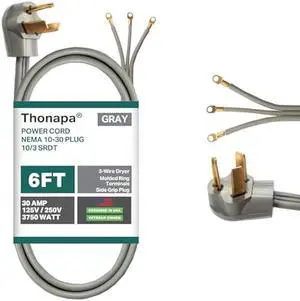 3 Prong Dryer Cord 6 Ft, 30 Amp Appliance Extension Cord 3 Prong 6 Foot, NEMA 10-30 Plug, 10/3 SRDT Gray with Molded Ring Terminals