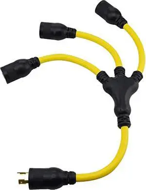 Clear Power 20Amp 2ft(Short) 3 Outlet Extra Heavy Duty Generator Extension Cord Adapter with W Splitter, 20Amp 3 Prong Twist Lock Plug, Water & Weather Resistant, Flame Retardant, Yellow, DCAC-0066-DC