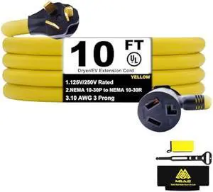 3 Prong Dryer Extension Cord 30 Amp NEMA 10-30P to 10-30R,10 FT Level 2 EV Charging 125V/250V Plug STW 10 Gauge UL Listed