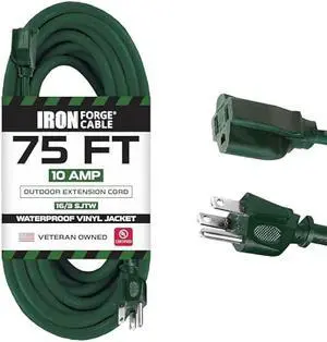 Iron Forge Cable Weatherproof 75 Ft Outdoor Extension Cord - 16/3 SJTW Heavy Duty Green Extension Cord 3 Prong - 10 Amp Exterior Power Cable