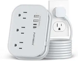 Flat Plug Power Strip- USB Travel Power Strip, 3 Outlets and 4 USB Ports(2 USBC) Desktop Charging Station, 5 Ft Wrapped Extension Cord, Non-Surge Protector for Cruise Essentials, Travel, Home, Dorm.