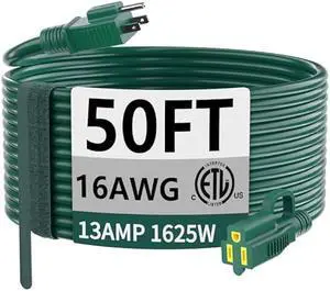 HUANCHAIN Indoor Outdoor Green Extension Cord 50 ft Waterproof, 16/3 Gauge Flexible Cold-Resistant Appliance Extension Cord Outside, 13A 1625W 16AWG SJTW, 3 Prong Heavy Duty Electric Cable, ETL