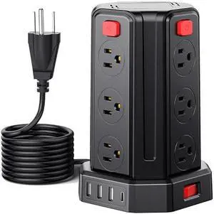 Power Strip Surge Protector, 10 Ft Extension Cord with 12 AC Multiple Outlets 4 USB (1 USB C), SMALLRT Power Tower Desktop Charging Station (Black, 16.4 FT)