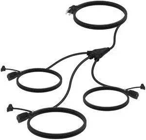 EP Outdoor Extension Cord 1 to 3 Splitter, Max 6ft End to End (12FT Total), 3 Prong Outlets Plugs, 16/3 SJTW Weatherproof Wire for Christmas Landscape String Lights, Black
