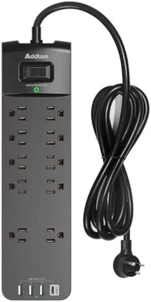 Power Strip - Addtam Surge Protector with 10 Outlets and 4 USB Ports, 6 Feet Extension Cord with Flat Plug, 2700 Joules, ETL Listed, Black