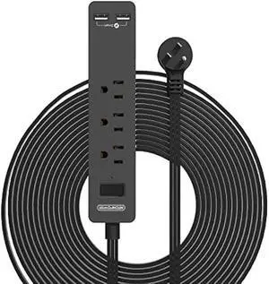 Flat Plug Extension Cord 25 Ft, NTONPOWER Ultra Thin Flat Extension Cord Under Carpet, Rug, Door, 3 Outlets Power Strip with 3 USB Ports, Wall Mount, Overload Protection for Indoor Home Office, Black