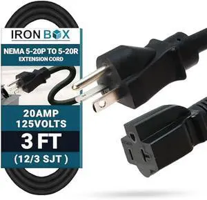 IronBox Electric NEMA 5-20P to 5-20R Extension Cord - 20A, 125V, 12/3 SJT Jacket - Heavy Duty Outdoor Generator Cords & Plugs - UL Listed Extension Cable for Data Centers, Camper & More (3ft, Molded)