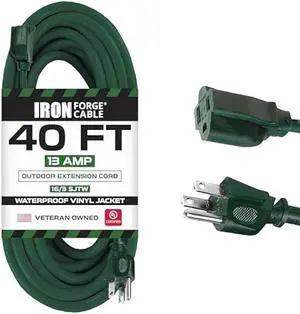 Iron Forge Cable 40 Foot Outdoor Extension Cord - 16/3 SJTW Durable Green Extension Cable with 3 Prong Grounded Plug for Safety - Great for Powering Outdoor Christmas Decorations