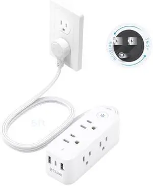TROND 360° Rotating Flat Plug Power Strip, 6 Widely Spaced Outlets, 2 USB A and 1 USB C, 1440J Surge Protector, Wall Mountable, Extension Cord 5ft for Home Travel Office Dorm Room Essentials, White