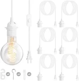 Reginary 6 Pieces Hanging Light Cord Kit Lantern Bulb Cord Cable Extension Plug in Pendant with in-line On/Off Switch E27 Socket Lamp Kit for DIY Pendant Lamp(15 Feet/ 4.5 M,White)