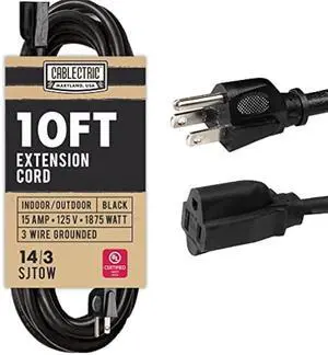 10 Ft Outdoor Extension Cord for Farms & Ranches - 15 Amp 14/3 SJTOW Black Heavy Duty Oil Resistant 14 Gauge Electrical Cable with 3 Prong Grounded Plug