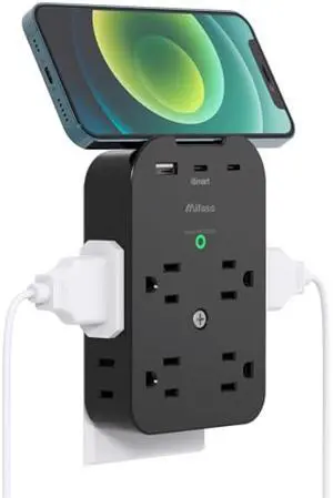 Outlet Extender - Wall Surge Protector with 8 Outlets 2 USB C 1 USB A, Wall Mount Adapter with Top Phone Holder for Home, School, Office 1800 Joules, Black Outlet Extender - Wall Surge Protector with 8 Outlets 2 USB C 1 USB A, Wall Mount Adapter with Top Phone Holder for Home, School, Office 1800 Joules, Black
