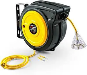 ReelWorks Extension Cord Reel Retractable 12AWG x 50' Foot 3C/SJTOW Glow Strip Cable and Lightup Triple Tap Connector Advanced Slow Retraction Technology (SRT)