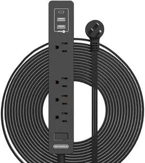 Flat Plug Extension Cord 25 Ft, NTONPOWER Ultra Thin Flat Extension Cord Under Carpet, Rug, Door, Wall Mount Power Strip with 4 Outlets 3 USB Ports, Overload Protection for Indoor Home Office, Black
