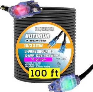 100 ft Extension Cord 10/3  10 Gauge Outdoor Heavy Duty Power Cable, 15 Amp 1875W, Waterproof SJTW with Lighted End, 3-Prong, Indoor/Outdoor Extreme Weather Use Flexible & Durable