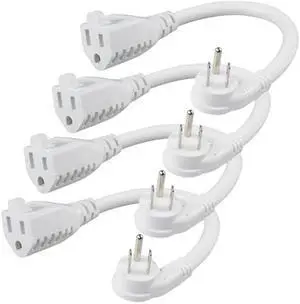 [4 Pack] Flat Plug Short Power Extension Cord - 6inch White Low Profile Flat Head 3 Prong Grounded Indoor Extension Cord,16AWG 13amp Household Appliance Electrical Extension Cord with Flat Wall Plug