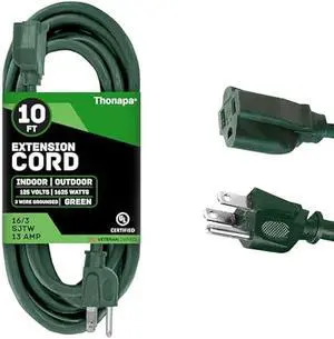 13 Amp Outdoor Extension Cord 10 ft, 16/3 SJTW 10ft Green Extension Cord 3 Prong, Weatherproof for Outdoor Lights, Landscaping & Lawn - US Veteran Owned