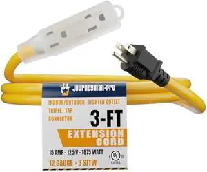 Lighted Outdoor Extension Cord - Heavy Duty Yellow Power Cable Splitter by Journeyman-Pro 3-Prong NEMA 5-15P to Three Electrical Outlets (Inline Triple-Tap) 5-15R - 15 AMP 125 Volts Short (3FT)