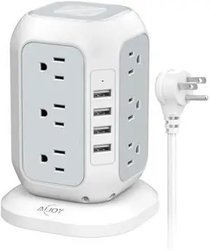 Power Strip Tower with USB Ports-AiJoy Surge Protector with 12 AC Outlet and 4 USB Ports, 10 Feet Extension Cord, USB Charging Station with Overload Protection, Office Desk Supplies, Dorm Essentials