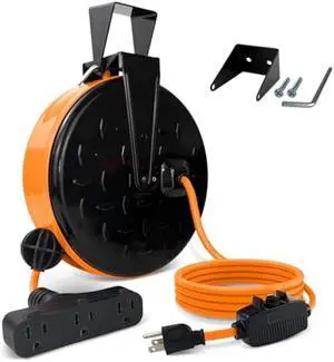EP 30 Ft Retractable Extension Cord Reel, 16/3 SJTW Power Cord with 3 Electrical Outlets, Ceiling or Wall Mount, 10 Amp Circuit Breaker, Metal Plate, UL Listed, Orange