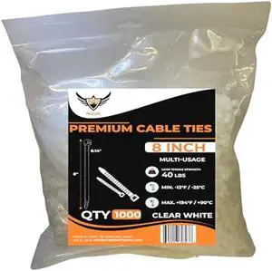 Zip Ties 8 inch White (1000 Pack) 40 lbs, Clear. Multi-Purpose UV Resistant Self-Locking Heavy Duty Long Cable Ties Wraps Clear White, for Wire Management, Indoors and Outdoors Use - by Nirah
