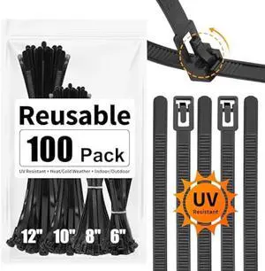 SOOOEC 100 Pack Reusable Zip Ties Assorted Sizes 6+8+10+12 Inch UV Resistant, Black Zip Ties Heavy Duty Outdoor Releasable Round Ending No Hurt, Cable Ties Reusable Tie Wraps Indoor Non Slip Off