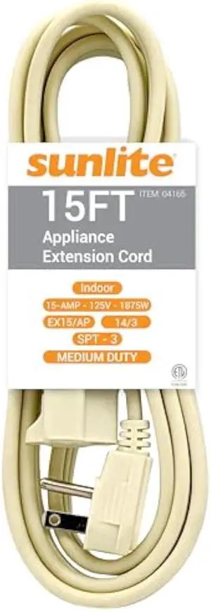 Sunlite 04165-SU EX15/AP Medium Duty 15-Foot Appliance Extension Cord, Three Prong, 14/3 Gauge, 15 Amp, Beige