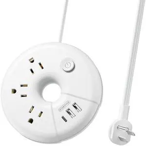 Travel Power Strip with USB Ports, NTONPOWER Cruise Approved Power Strip with 3 Outlet 3 USB(1 USB C), 5 ft Extension Cord, Compact for Indoor Home Office Dorm Room Cruise Essentials, White