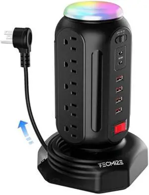 Multiple Plug PD 30W Fast Charging Power Strip, with Surge Protector, RGB Night Light, 15 Outlets Power Tower, 2 Type C and 4 USB Ports, Space Saving, Retractable Extension Cord 6.5ft for Home (Black)